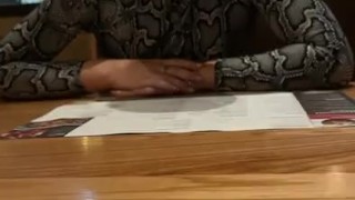 Vibrating her toy while we are at dinner, her pussy was getting so wet!