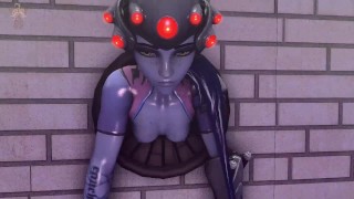 Widowmaker from Overwatch stuck in the wall hole and she be fucked from behind