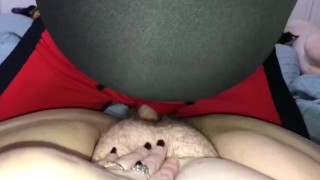 Quick pullout cumshot on plump hairy pussy and chubby belly 💦💦
