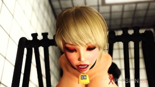 Super hot shemale fucks hard big tits sexy slut in cuffs in the lab