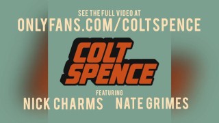 Colt Spence gets his big dick and feet serviced by Nick Charms and Nate Grimes