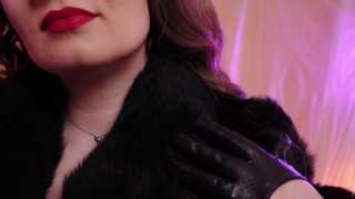 ASMR fur coat fetish, vaping smoking with leather gloves