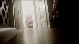 Horny, straight guy, masturbates in corridor as family watch TV. Big cock jerked to cumshot