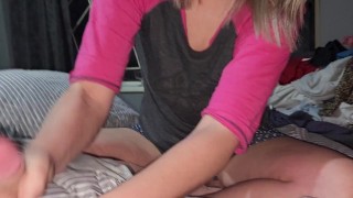 Cute girl smoking while jerking off my morning wood