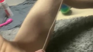 Sitting on pink dildo while sounding!