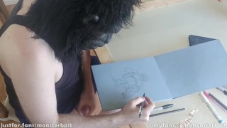 Gorilla gets distracted while sketching monster art and works up pre-cum