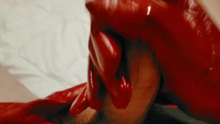 Feet, PVC Red gloves and jerking off