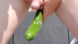 Anal pleasure with a cucumber with huge cumshot