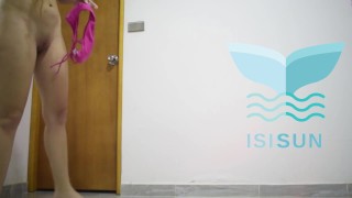 Blonde hottie trying on sexy jeans on her perfect body