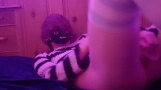 femboy rides dildo and cums on himself