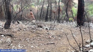 Risky naked hiking on the sunset! Almost get caught! Perfect ass man