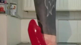 I wear a pink striped thong and shove my entire collection of dildos up my ass