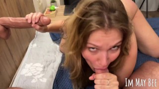 Fucking her juicy pussy while she sucks a huge dildo. She loves double penetration