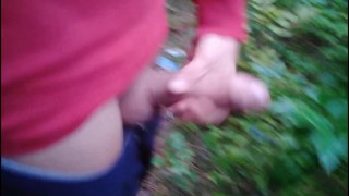 Twink jerks off his big thick dick outdoor and he cums very big load