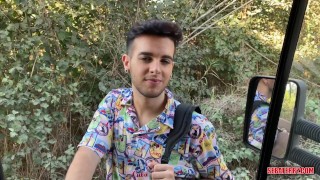 backpacker hitchhiking and a man opens the hole in his motorhome