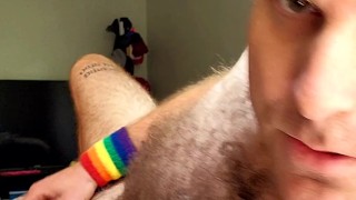 Hairy tattooed guy jerks off big cock, fingers tight little asshole, cums on chest, eats cum