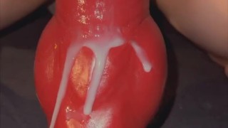 Creamy Milf Dripping cum over Huge Mr Hankeys Dog Dildo as she fucks her pussy raw