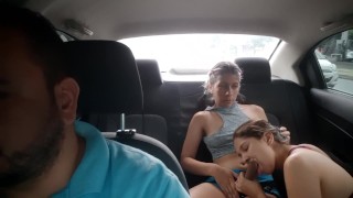 Lesbian stepsisters are very horny and play in the car