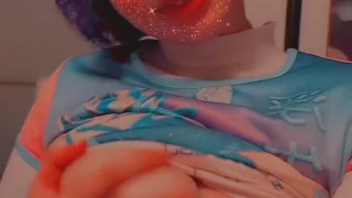 Nerdy anime frog girl plays with her big boobs