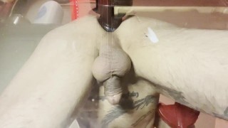 Big Screw shaped Dildo Goes Deep In This Studs Sexy Hole & makes Big Cock drip Cum Nonstop on glass