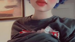Depressed butterfly goth girl plays with her boobs