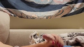 Fit teen jerking off in his boxers cums all over himself