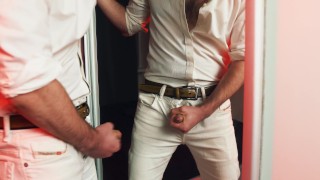A handsome guy masturbates in front of a mirror. I finish loudly and fill the mirror with my sperm.