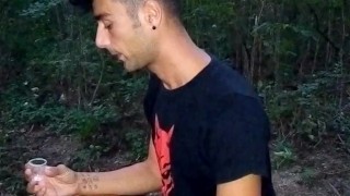 Eating own cum from glass public