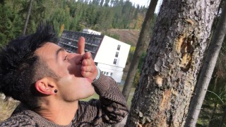 Licking own fresh warm pee from hand public