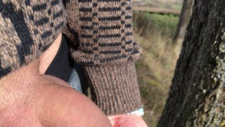 Licking own fresh warm pee from hand public