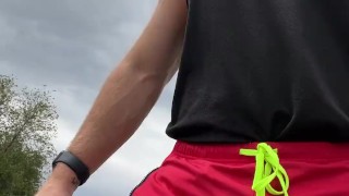 Stud lets his cock hang out while walking in public