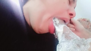 my soft mouth slides on the dick popping deep inside with him exploding my throat with creampie