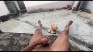 Cumming in the backyard with my teddy bear watching