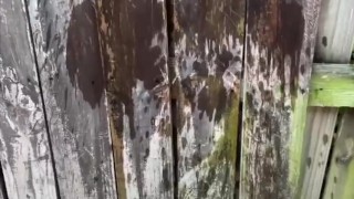 Boner peeing while jerking off on a fence outside