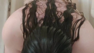 Sucking a 7.5inch dildo in the shower