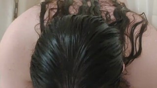 Sucking a 7.5inch dildo in the shower