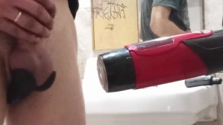 In the public laundromat using my automatic masturbator
