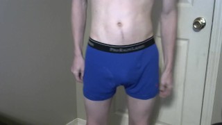 Twink showing off blue polo boxer briefs happy trail and butt