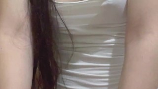 my girlfriend loves to look at my small tits when we scissor