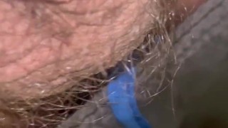Playing with my hairy cock and balls up close precum