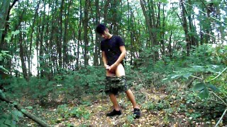 Middle eastern thick cock summer forest jerk off, showing cum on hand