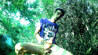 Outside in old ruin jerking with condom