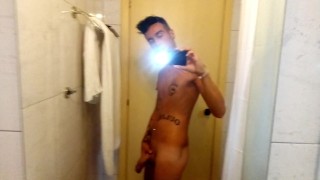 Middle eastern guy jerks off in hotel bathroom, cums in sink