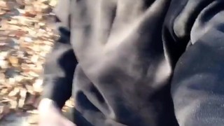 Huge cumshot on black shirt in the park