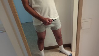 horny guy in white socks jacking off his cock, loud moaning