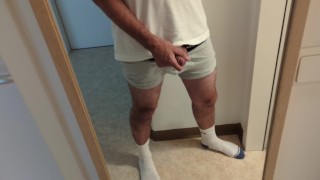 horny guy in white socks jacking off his cock, loud moaning