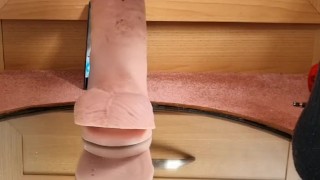 Mirror dildo anal riding with prostate cum and piss