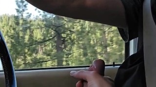 straight guy lets bi roommate play with his cock while driving on a road trip