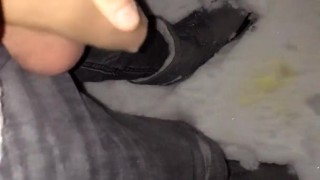 Mountain uncut cock pissing in the snow