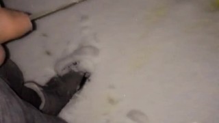 Mountain uncut cock pissing in the snow
